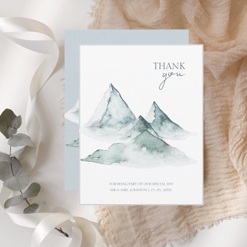 Watercolor Mountain Green and White Winter Wedding Thank You Card