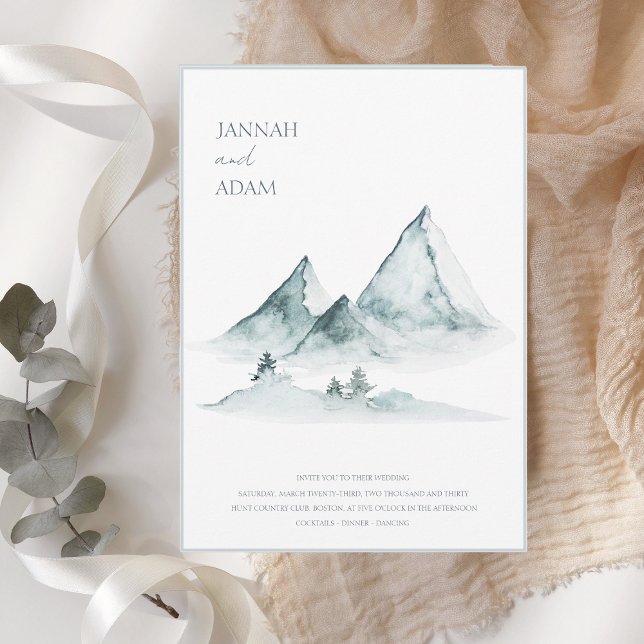 Watercolor Mountain Greenery White Winter Wedding Invitation (Creator Uploaded)