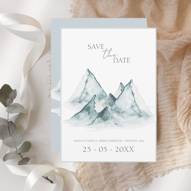 Watercolor Mountain Greenery Winter Wedding Save The Date (Creator Uploaded)