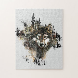 Watercolor Mountain Grey Wolf Head Animal Jigsaw Puzzle