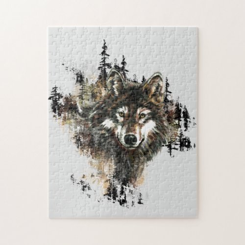 Watercolor Mountain Grey Wolf Head Animal Jigsaw Puzzle