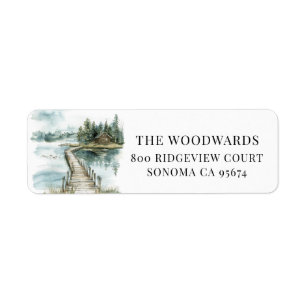 Watercolor Mountain Lake Cabin Return Address Label