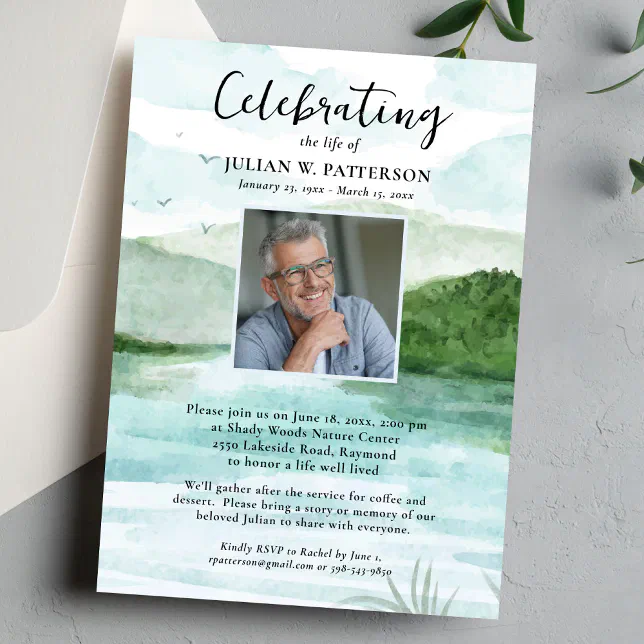 Watercolor Mountain Lake Celebration of Life Photo Invitation Zazzle