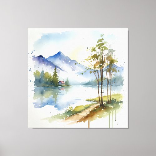 Watercolor Mountain Lake Landscape with Trees Canvas Print