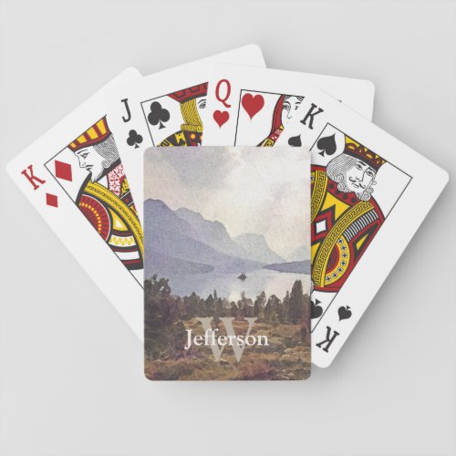 Watercolor Mountain Lake Name and Initial Template Poker Cards