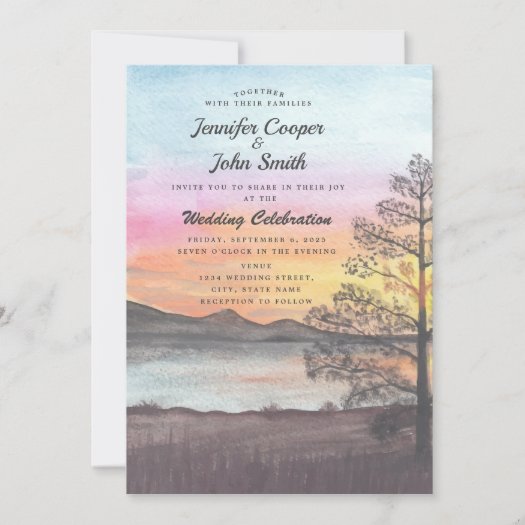 Watercolor Mountain Lake View Wedding Invitation