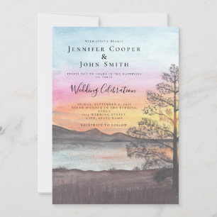 Watercolor Mountain Lake View Wedding Invitation