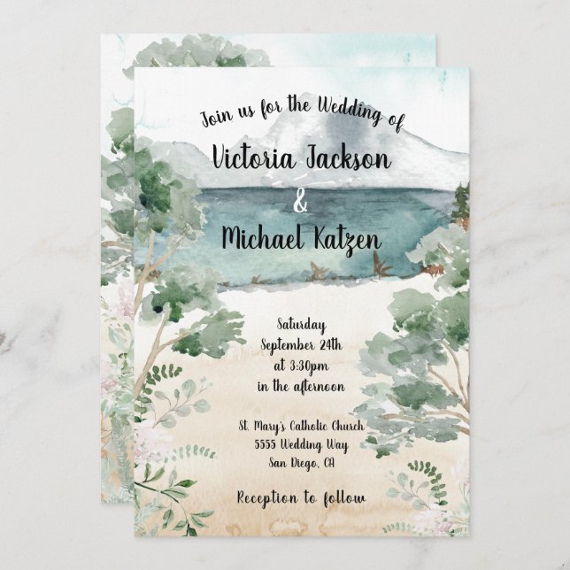 Watercolor Mountain lake Wedding invitations (Front/Back)
