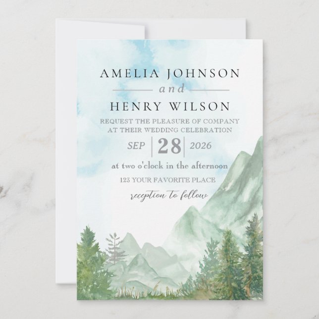 Watercolor Mountain Landscape Wedding Invitation (Front)