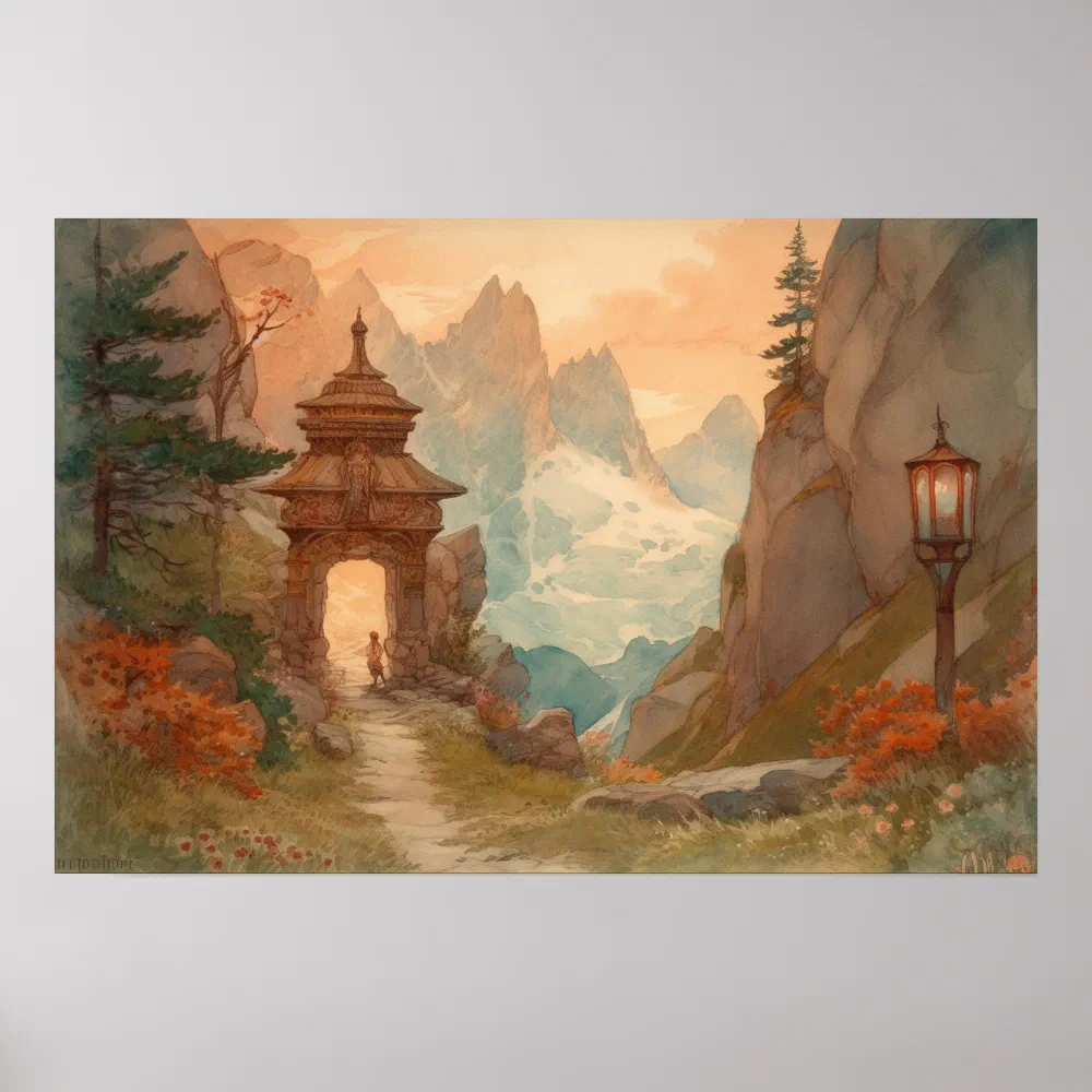 Watercolor mountain path gateway to a new world poster