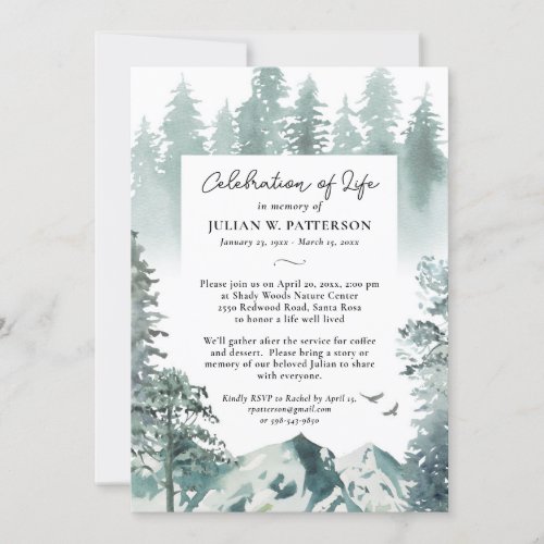 Watercolor Mountain Pine Celebration of Life Photo Invitation