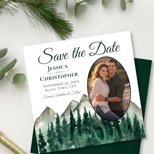 Watercolor Mountain Pine Forest Oval Photo Wedding Save The Date