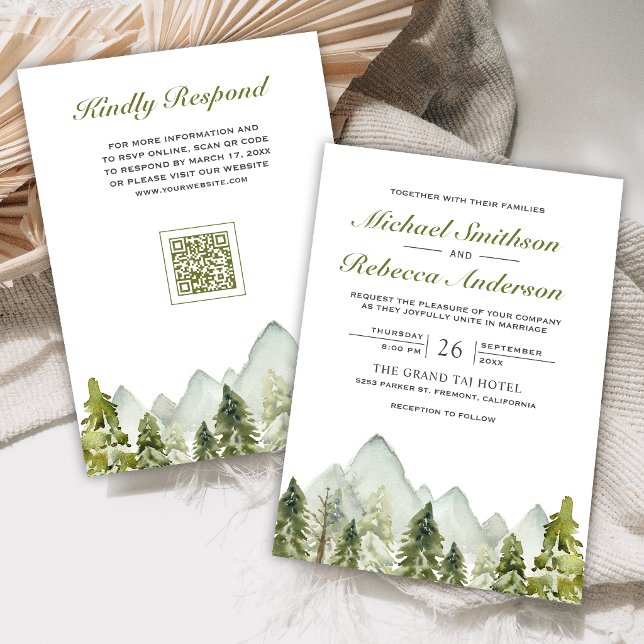 Watercolor Mountain Pine Forest QR Code Wedding Invitation (Creator Uploaded)