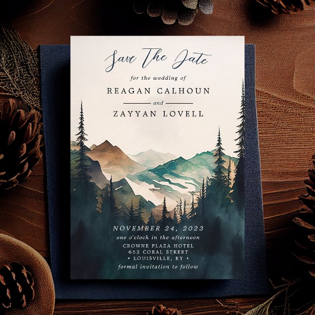 Watercolor Mountain Pine Forest Save The Date Card (Creator Uploaded)