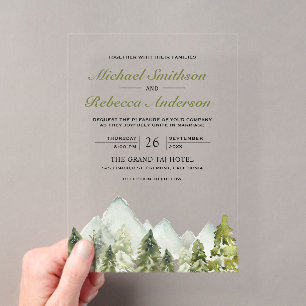 Watercolor Mountain Pine Forest Wedding Acrylic Invitations