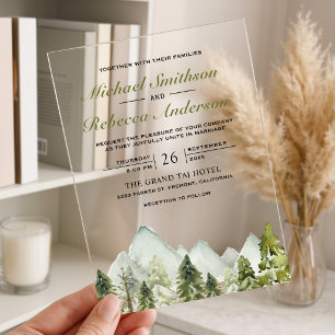 Watercolor Mountain Pine Forest Wedding Acrylic Invitations