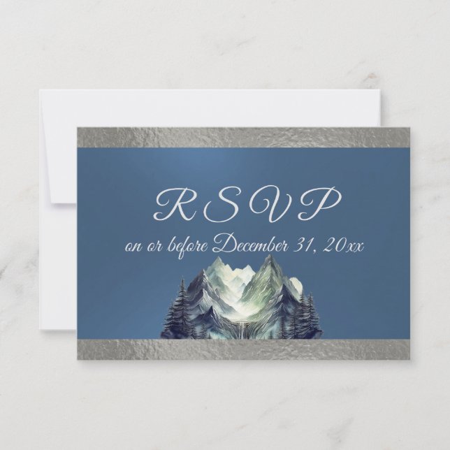 Watercolor Mountain & Ribbon Blue 2 RSVP Card (Front)