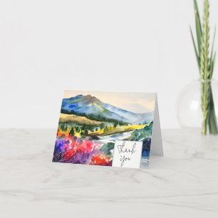 Watercolor mountain river and flowers customizable card