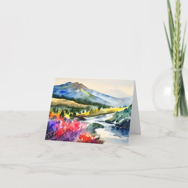 Watercolor mountain river and flowers customizable card (Front)