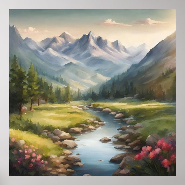 Watercolor Mountain River Landscape  Poster (Front)