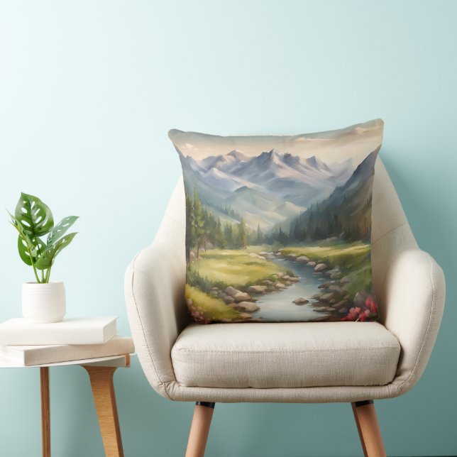 Watercolor Mountain River Landscape  Throw Pillow (Chair)