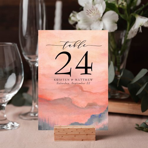 Watercolor Mountain Rustic Coral Sunset Table Number