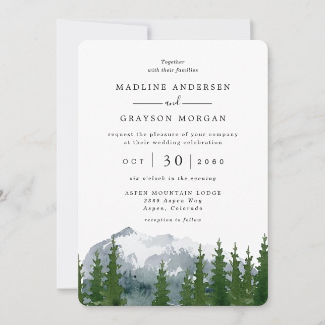Watercolor Mountain Rustic Forest Wedding  Invitation (Front)