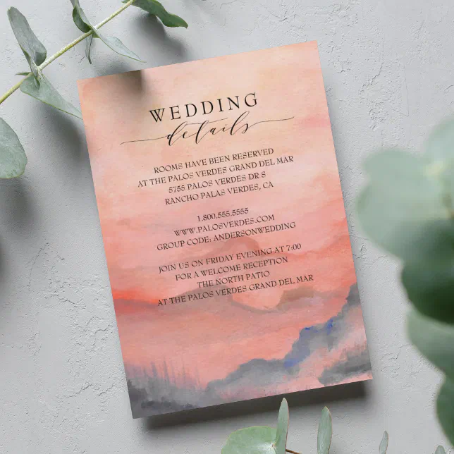 Watercolor Mountain Rustic Sunset Wedding Details Enclosure Card | Zazzle