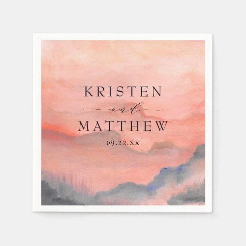 Watercolor Mountain Rustic Sunset Wedding Napkins - When it comes to wedding stationery woodland styles kick off the theme for a magical evening or an entire wedding weekend in the mountains Set the tone of your rustic wedding with this mountain-inspired design featuring a watercolor mountain scene background with pine trees.
