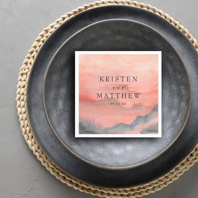 Watercolor Mountain Rustic Sunset Wedding Napkins (Creator Uploaded)