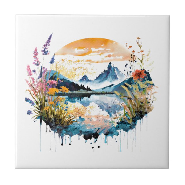 Watercolor mountain scene ceramic tile (Front)