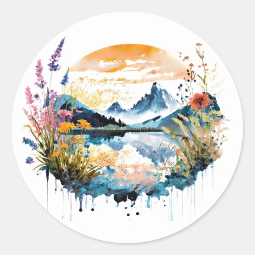 Watercolor mountain scene classic round sticker