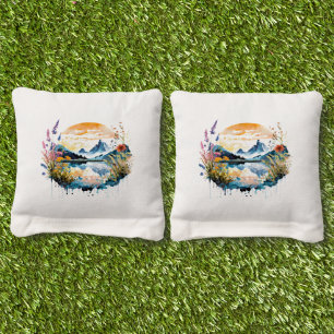Watercolor mountain scene cornhole bags