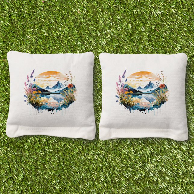 Watercolor mountain scene cornhole bags (Grass)
