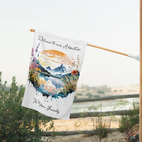 Watercolor mountain scene custom house flag