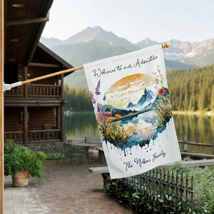 Watercolor mountain scene custom house flag