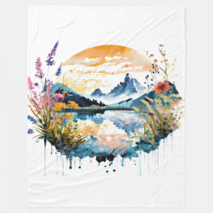 Watercolor mountain scene fleece blanket