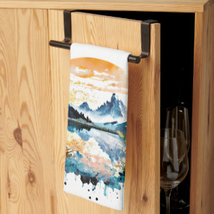 Watercolor mountain scene kitchen towel