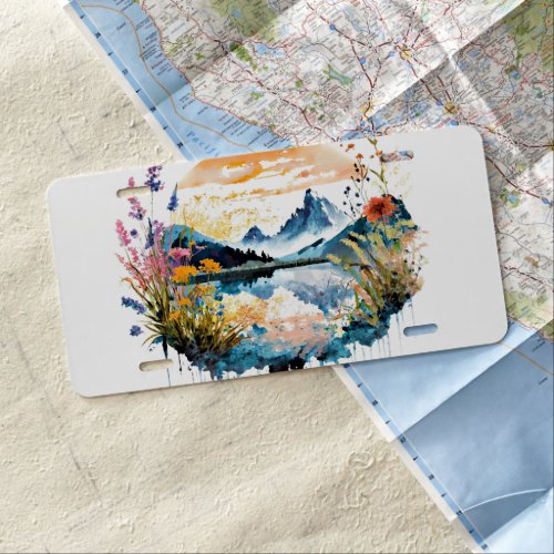 Watercolor mountain scene license plate