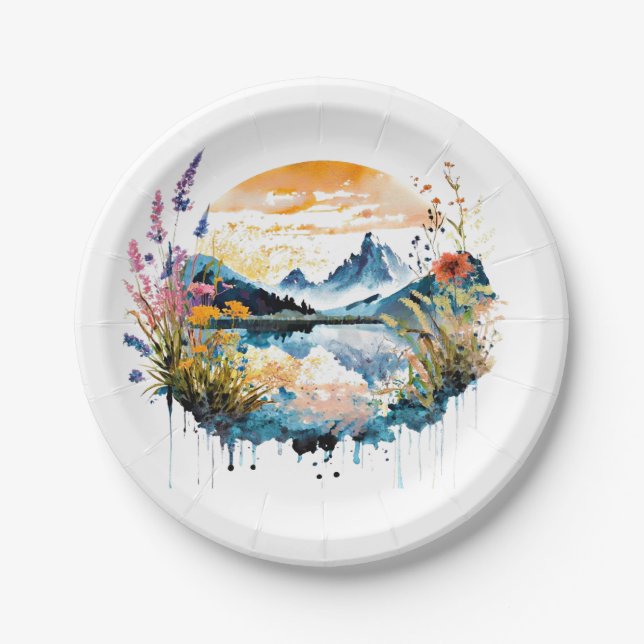 Watercolor mountain scene paper plates (Front)