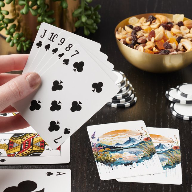 Watercolor mountain scene poker cards (In Situ)