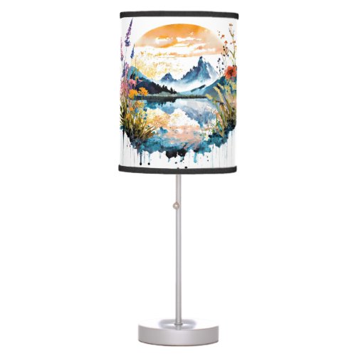 Watercolor mountain scene table lamp