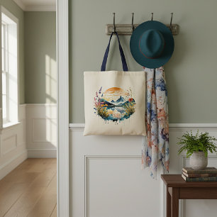 Watercolor mountain scene tote bag