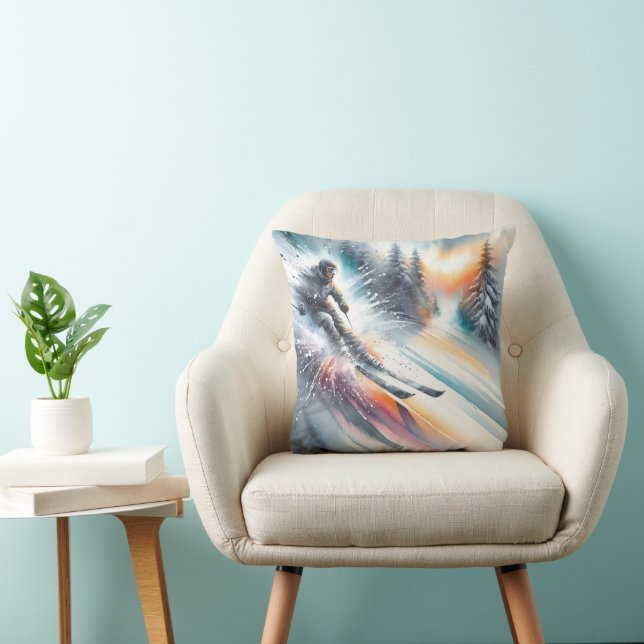 Watercolor Mountain Snow Skier Throw Pillow (Chair)