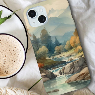 Watercolor Mountain Stream Landscape iPhone 15 Case