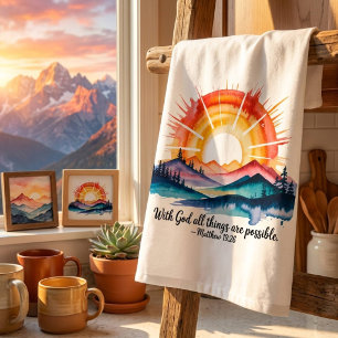 Watercolor Mountain Sunrise Bible Verse Kitchen Towel