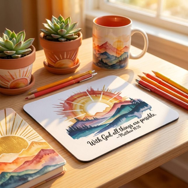 Watercolor Mountain Sunrise Bible Verse Mouse Pad (Creator Uploaded)