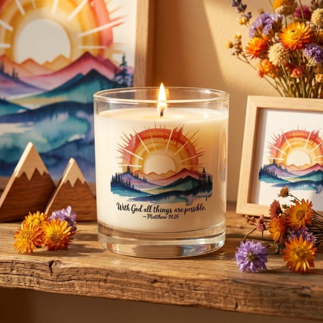 Watercolor Mountain Sunrise Bible Verse Scented Candle (Creator Uploaded)