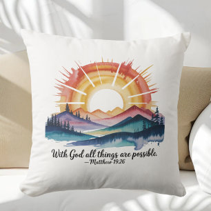 Watercolor Mountain Sunrise Bible Verse Throw Pillow
