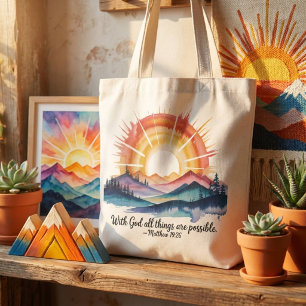 Watercolor Mountain Sunrise Bible Verse Tote Bag